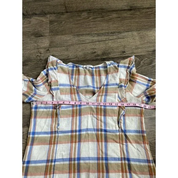 EUC Womens Madewell V Neck Shoulder Ruffle Top‎ In Plaid Short Sleeve Size L - Picture 9 of 10